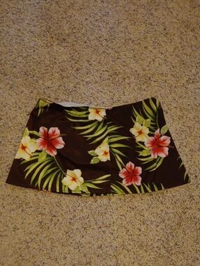 Tropical Floral Swim Mini Skirt - Brown with Green & Pink Floral Print